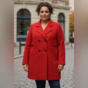 Beautiful Chou Yatou Double Breasted Wool Blend Red Pea Coat Black Buttons 2XL